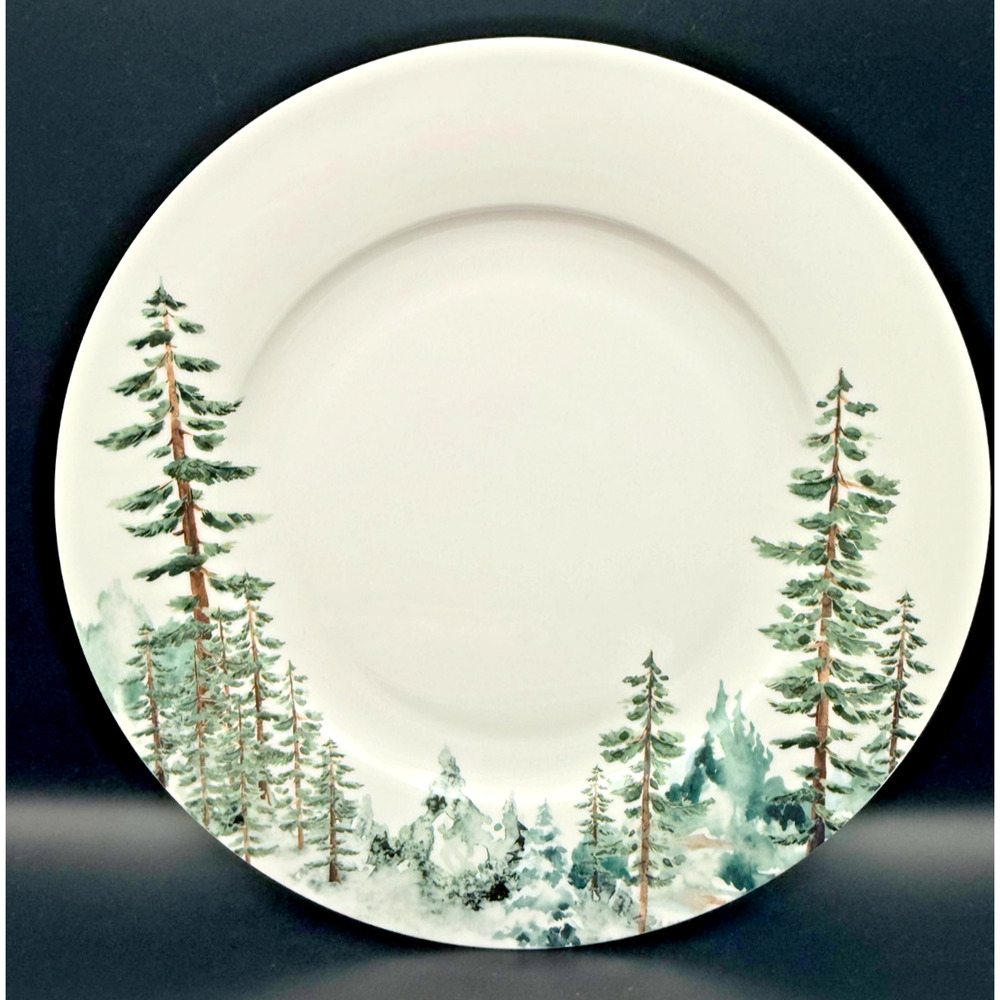 Mikasa Bone China Watercolor Forest Christmas Pine Tree 11" Dinner Plate Set 3 - Picture 2 of 4